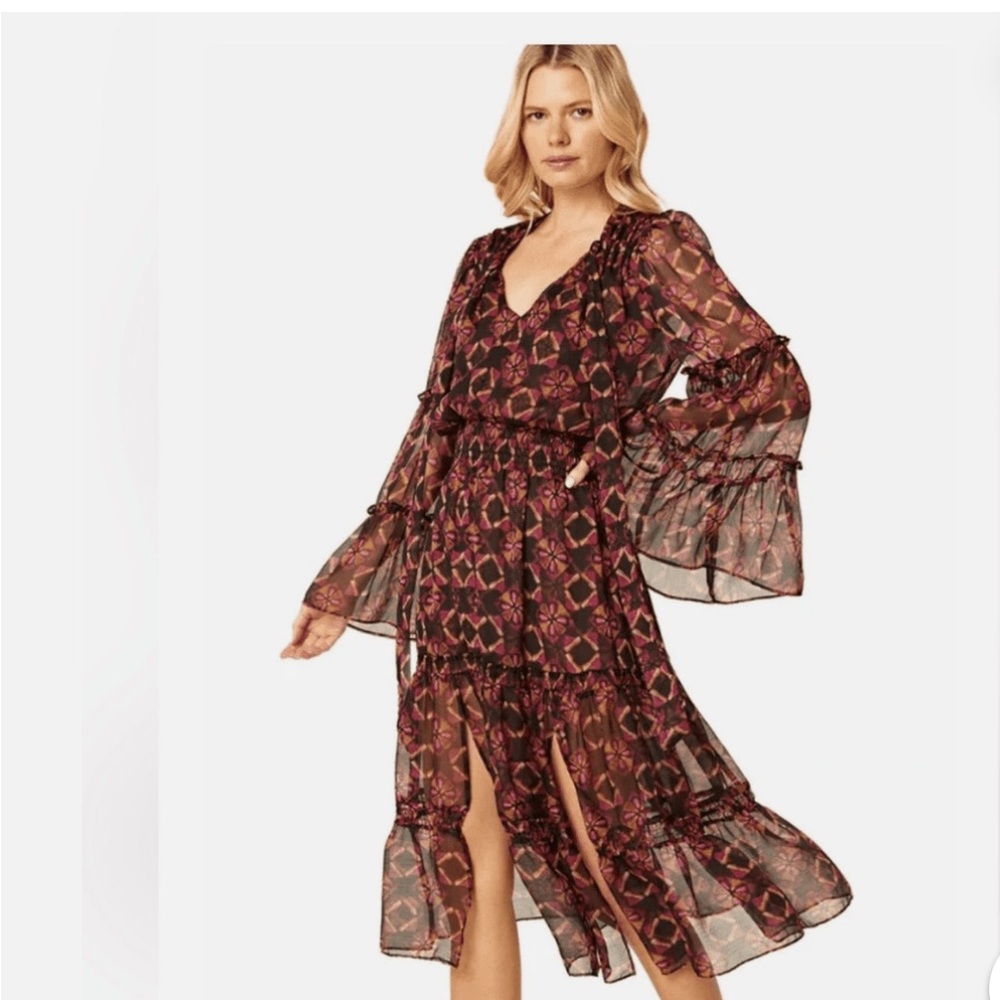 MISA Los Angeles Celeste Printed Tiered Midi Dress Size XS Long Sleeve
